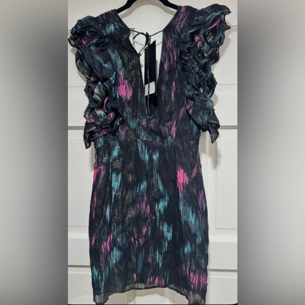 NWT‎ The Kooples Ikat Black Metallic Brushstroke mini dress size 2